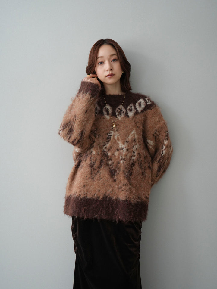 [SET]シャギーニュアンス柄ニットプルオーバー+ギャザーベロアスカート(2set)