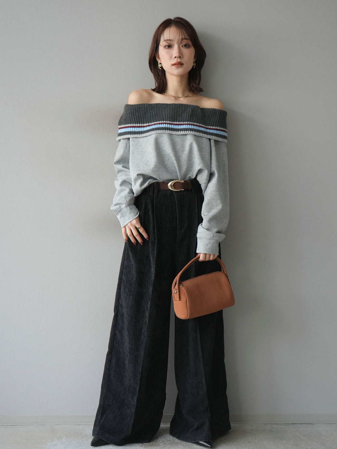 [予約]ボーダーニットオフショルダーxスウェットプルオーバー/gray
