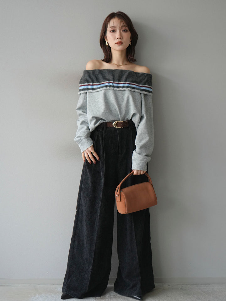 [予約]ボーダーニットオフショルダーxスウェットプルオーバー/gray