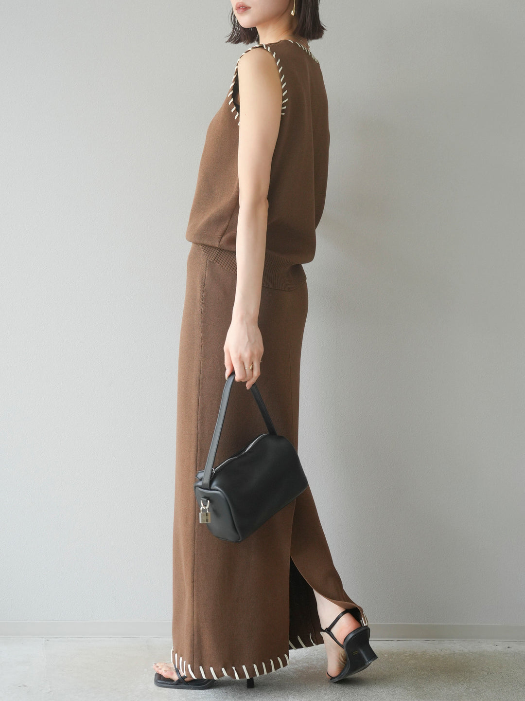 [予約]リネンタッチハンドステッチニットタイトスカート/モカ