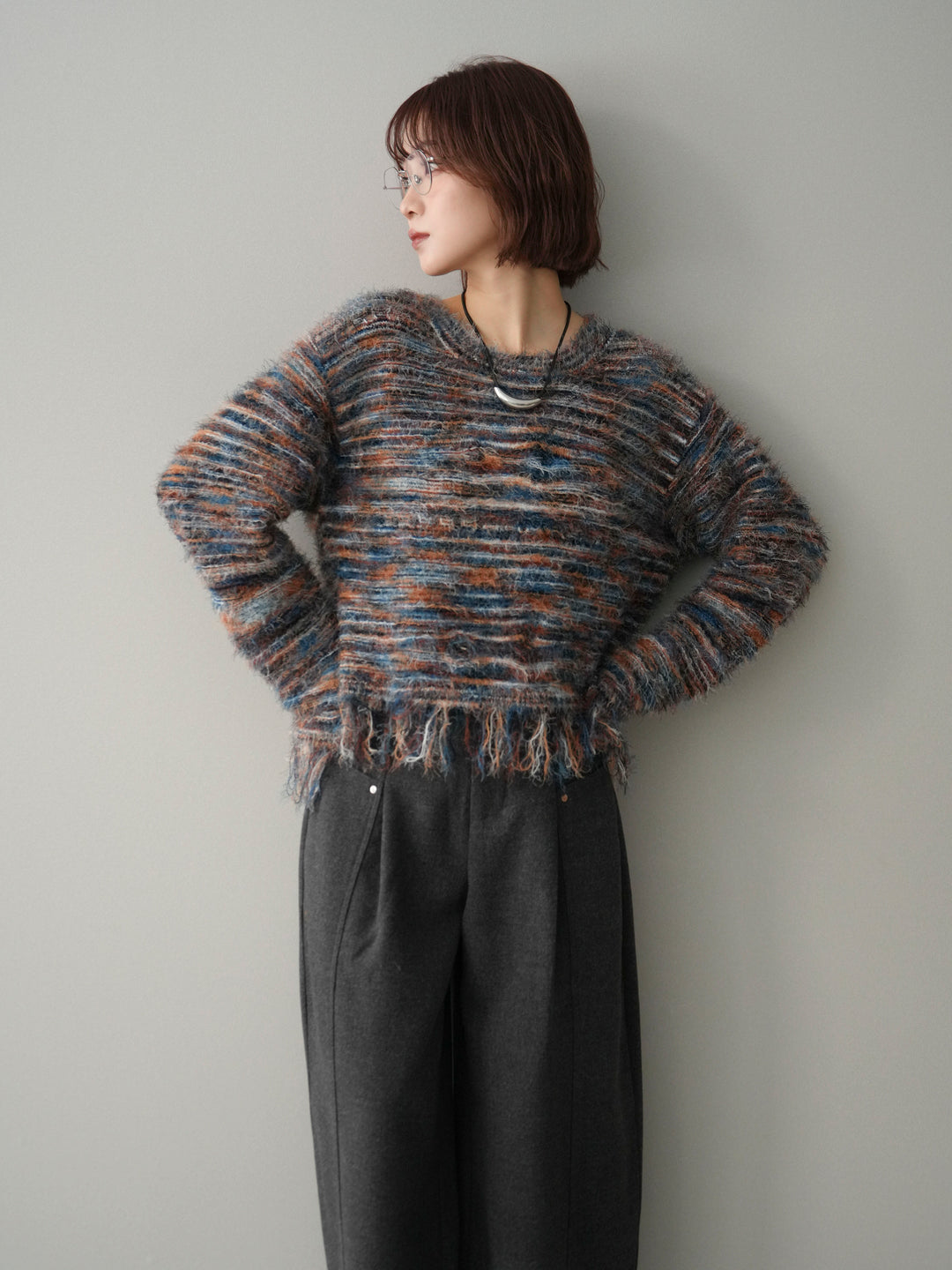 [SET]裾フリンジミックスヤーンシャギープルオーバー+選べるアクセセット(2set)