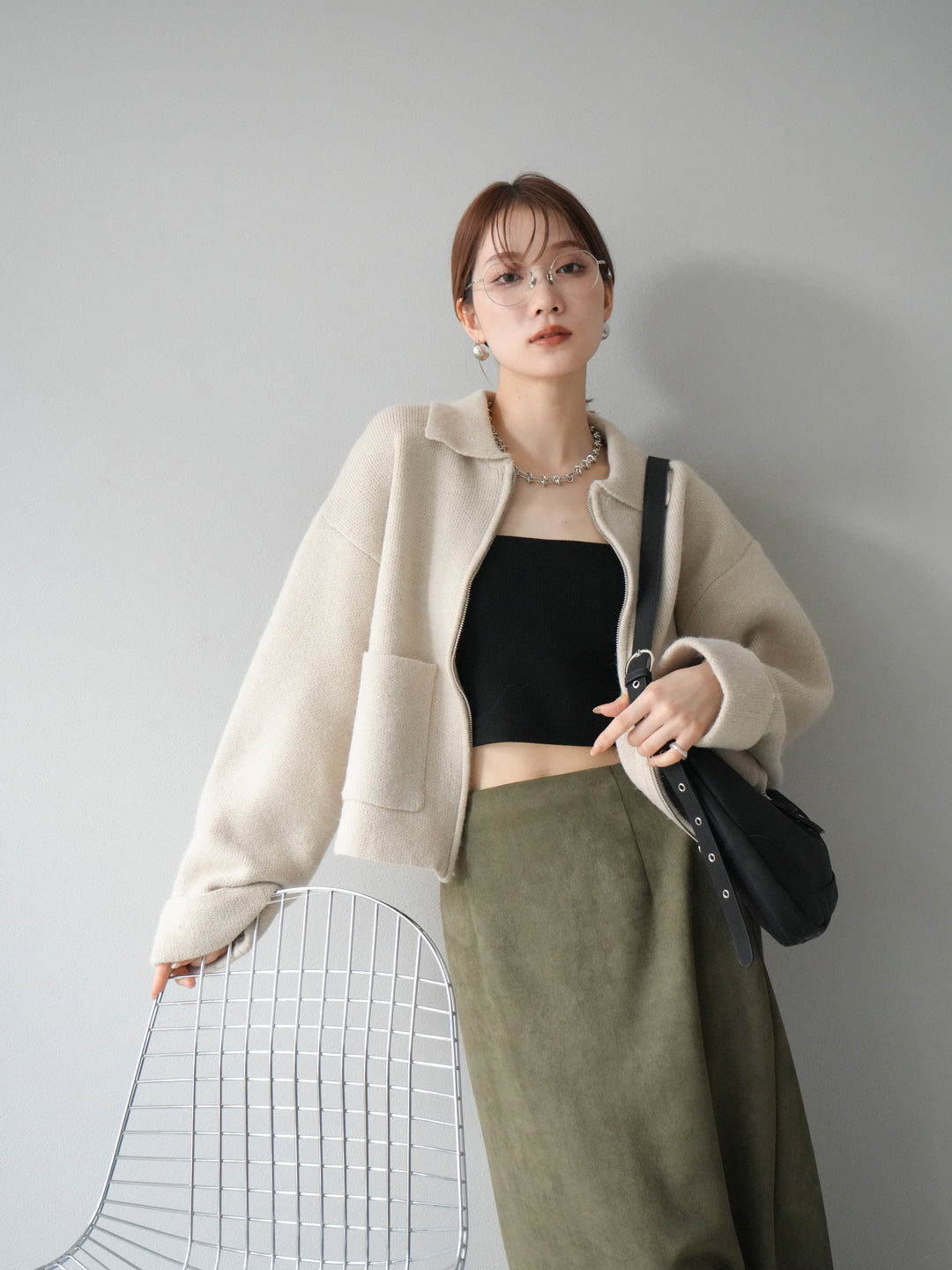 [予約]ポロ襟ジップニットカーディガン/アイボリー