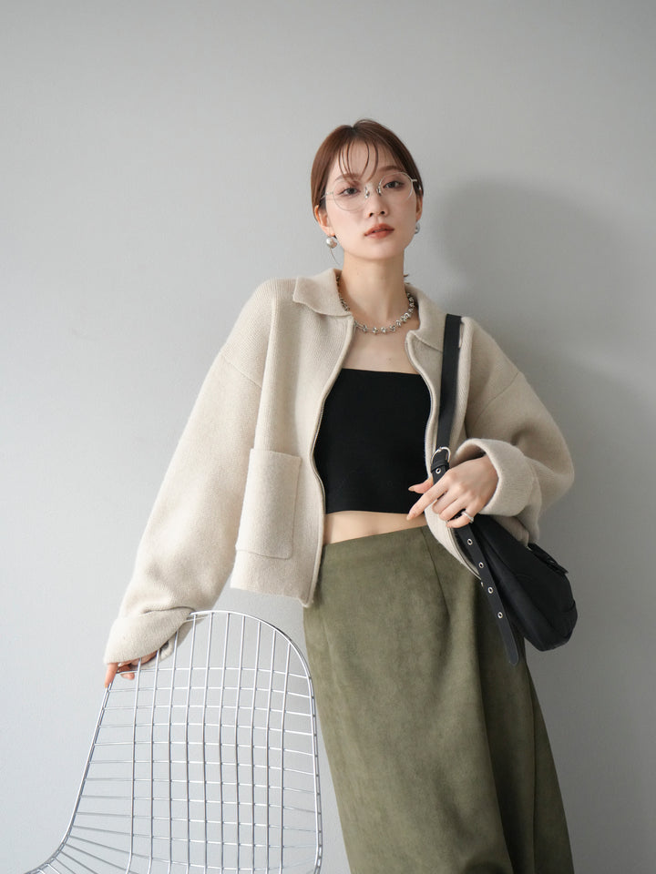 [予約]ポロ襟ジップニットカーディガン/アイボリー