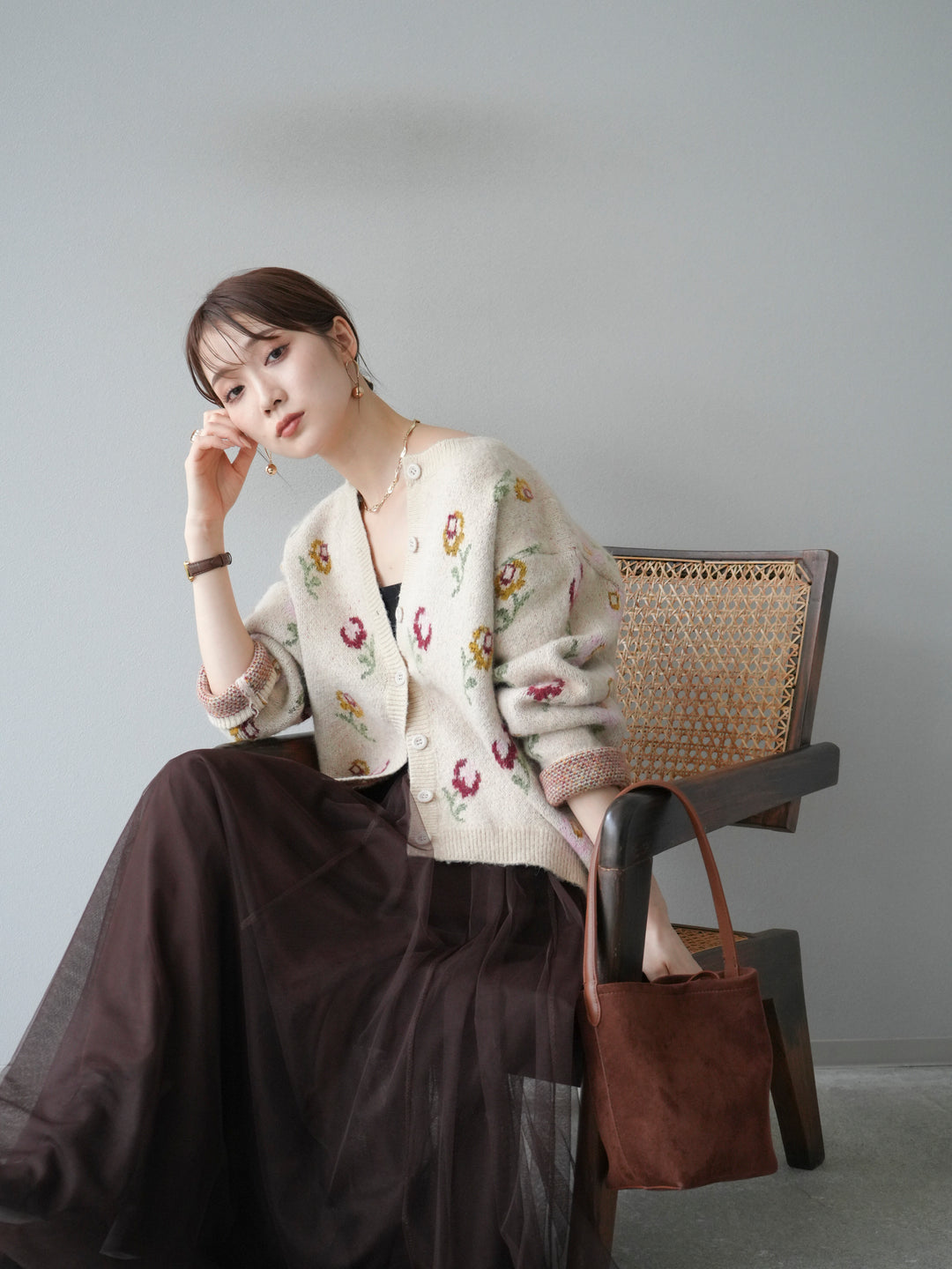 [予約]ウールタッチフラワーニットカーディガン/アイボリー