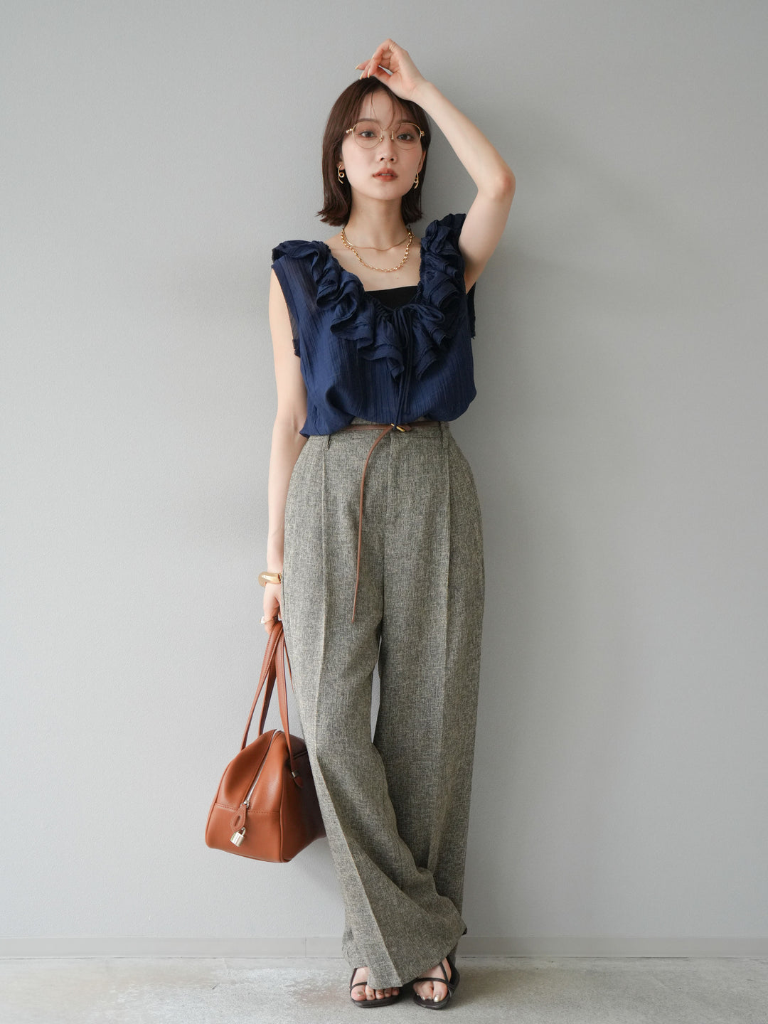 [予約]ミックスツイードタックパンツ/ブラウン