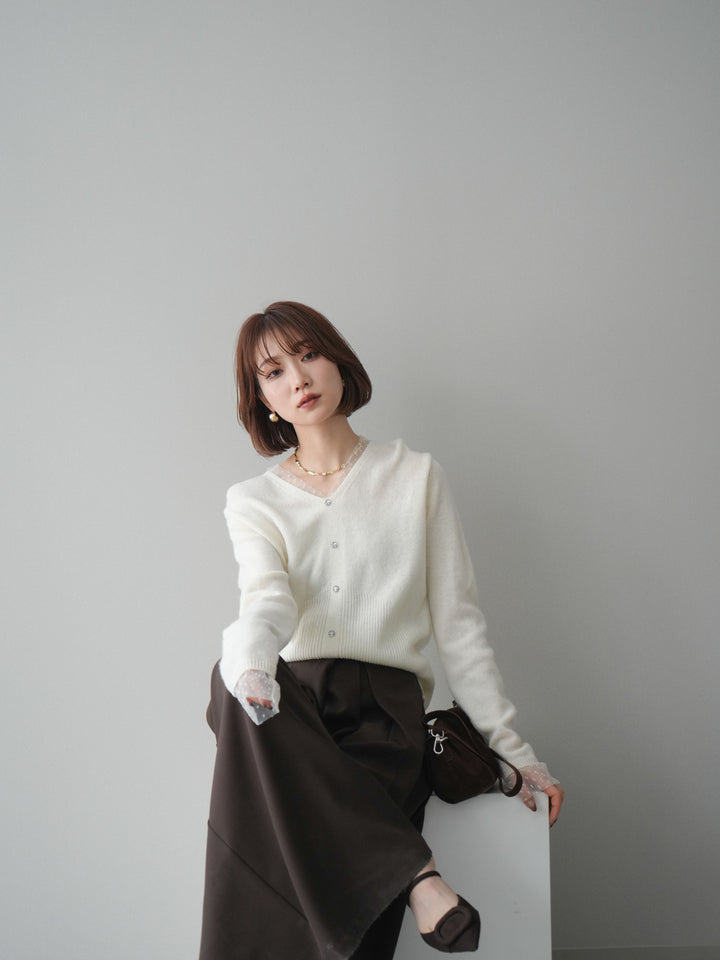 [SET]ドットチュールレイヤードボタンニットトップス+テープベルトタックバギーパンツ(2set)