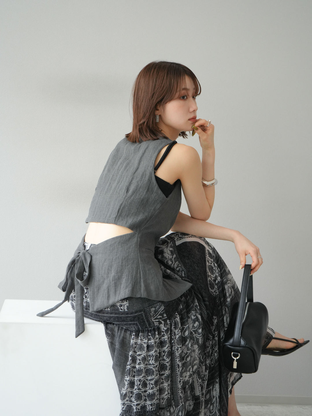 [SET]リネンタッチバックオープンベスト＆ニュアンス柄マキシスカートSET UP(2set)