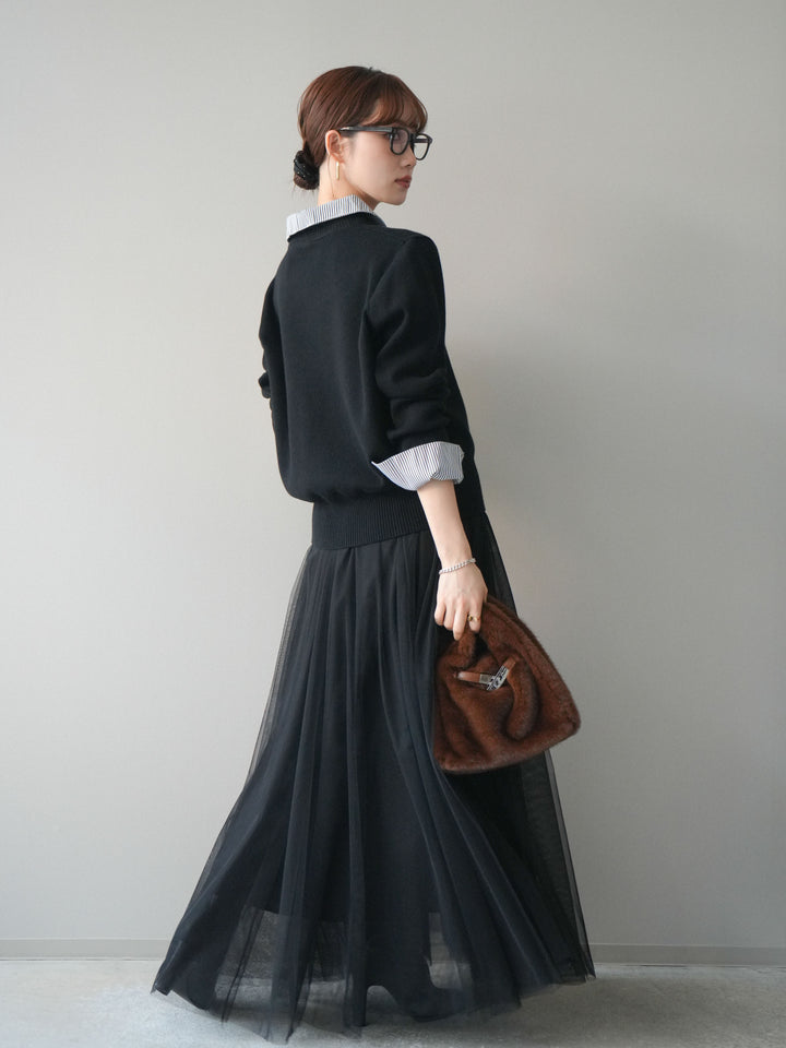 [SET]シャツドッキングデザイン裾ボタンニットプルオーバー+チュールボリュームスカート(2set)