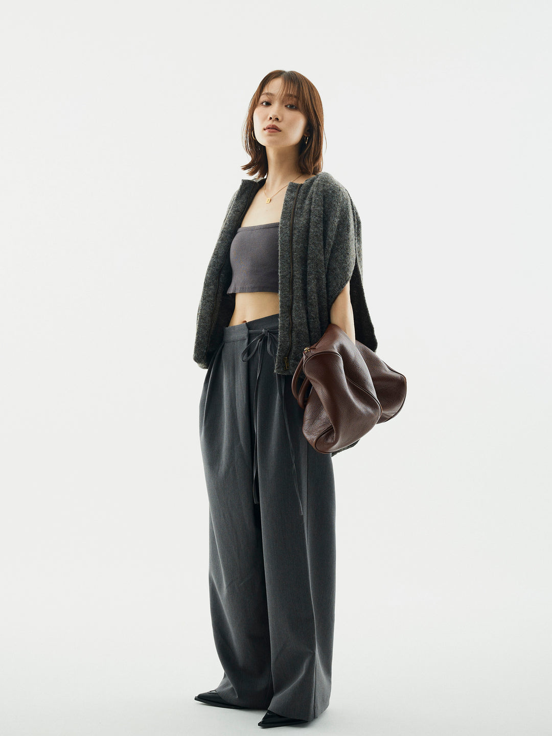 【Allure】[SET]ウール混コクーンブルゾン+ラップデザインタックワイドパンツ(2set)