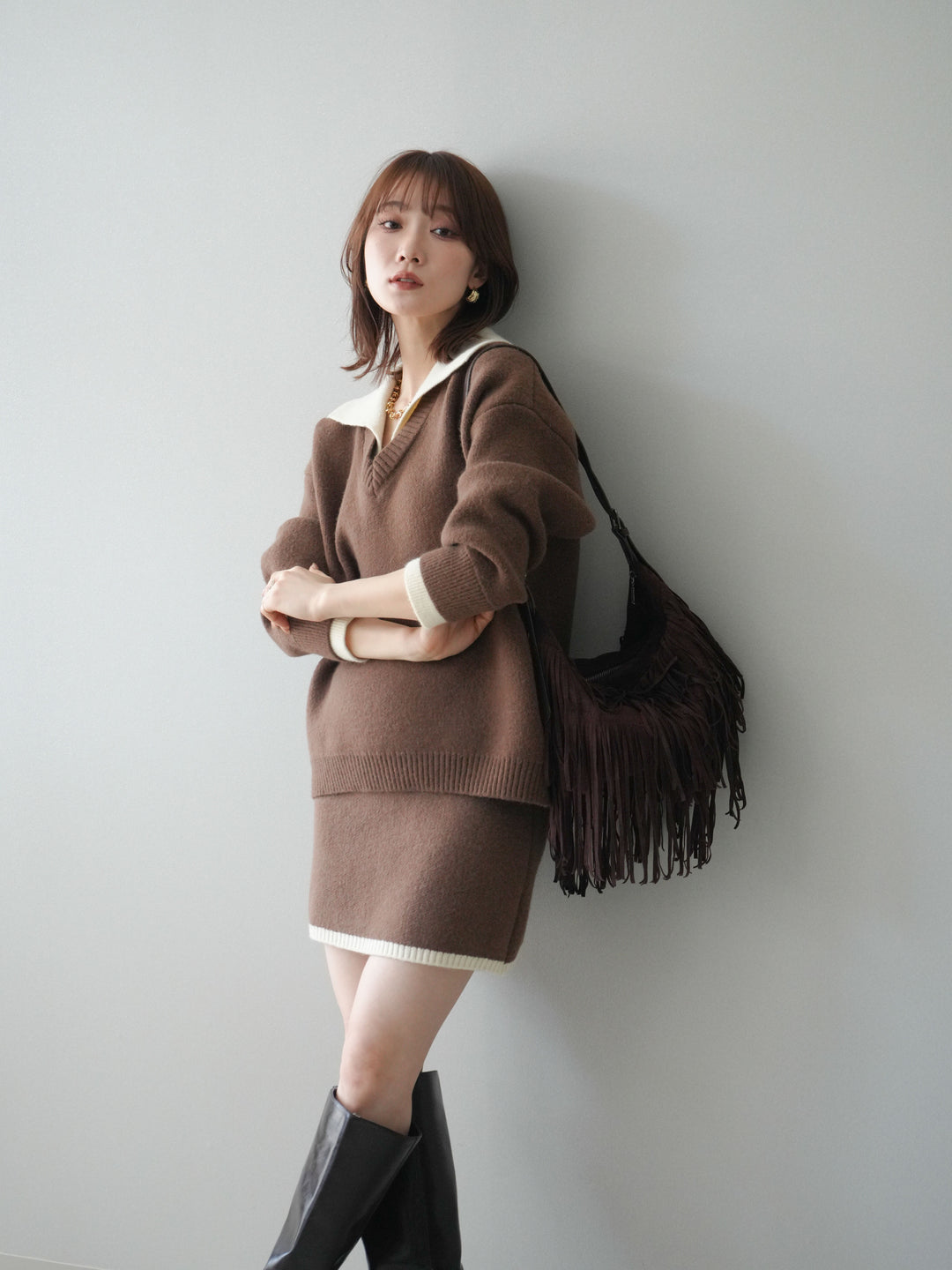 [SET]配色襟ニット＆ミニスカートSET UP+配色襟ニット＆ミニスカートSET UP(2set)