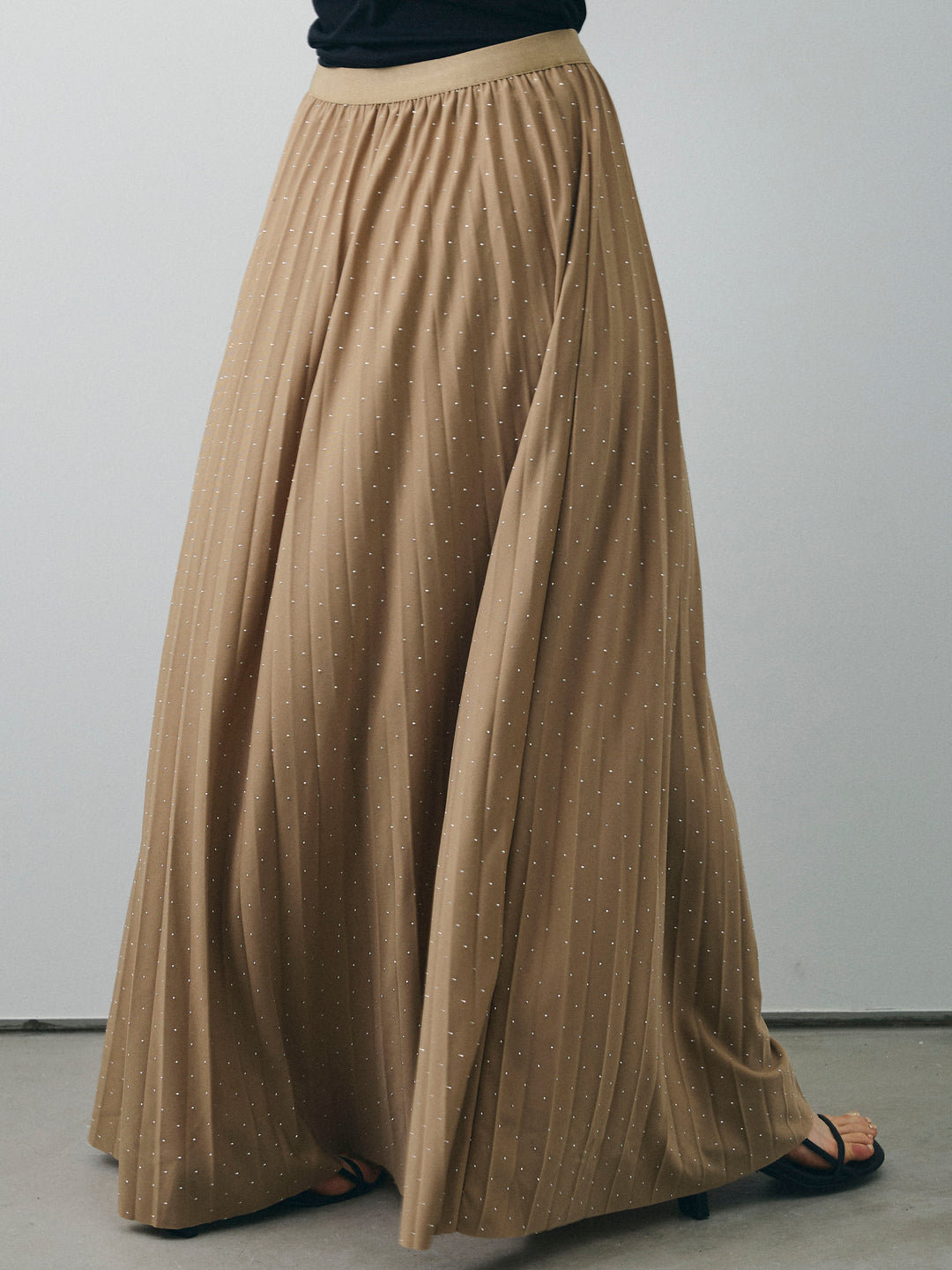 [予約]ラインストーンプリーツスカート/ベージュ