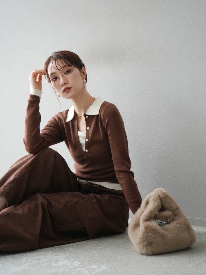 [予約]レイヤード配色ポロニットトップス/brown