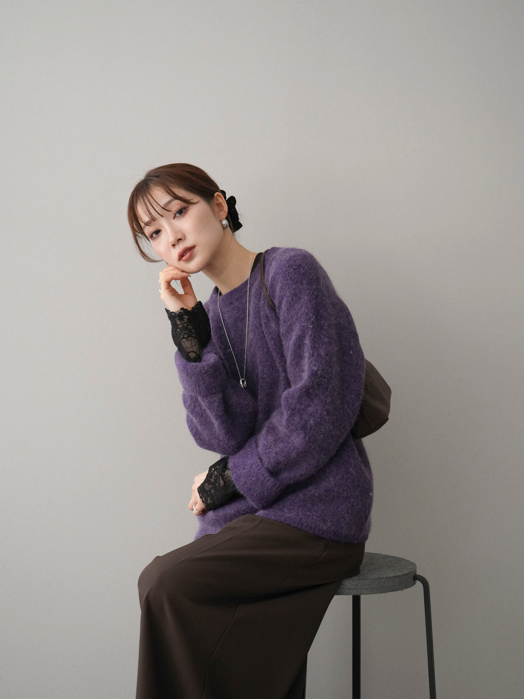 [SET]アンゴラタッチクルーネックニットプルオーバー+チュールレーストップス+テープベルトタックバギーパンツ(3set)