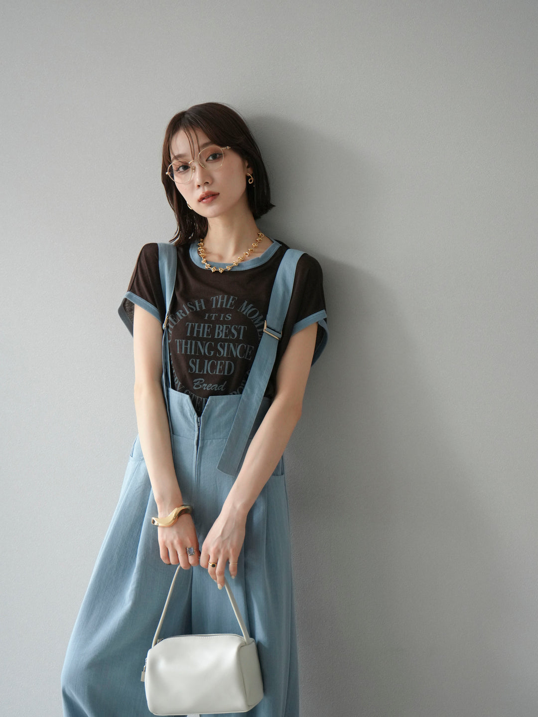 [SET]ストリングデザインハイウエストサロペット+シアーフライス ロゴプリントT (2set)