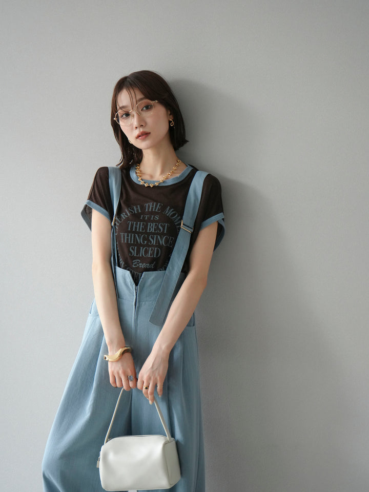 [SET]ストリングデザインハイウエストサロペット+シアーフライス ロゴプリントT (2set)