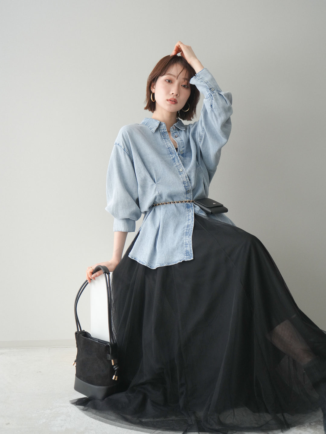 [SET]テンセルデニムタックシャツ+チュールボリュームスカート(2set)
