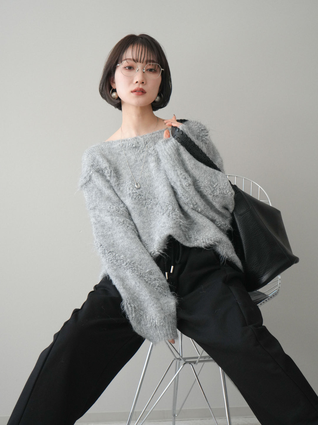 [SET]シャギーデザインニットプルオーバー+裾ZIPスエットワイドパンツ(2set)