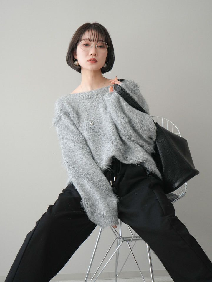 [SET]シャギーデザインニットプルオーバー+裾ZIPスエットワイドパンツ(2set)