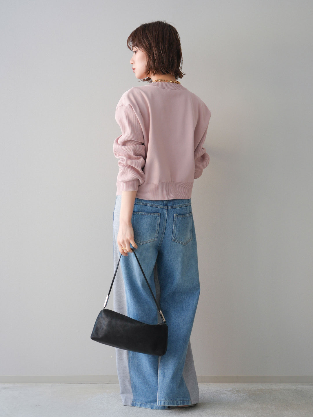 [SET]メタルボタンクルーネックニットカーディガン+デニム切替スウェットパンツ(2set)