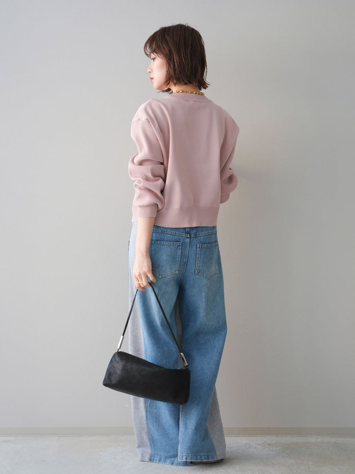 [SET]メタルボタンクルーネックニットカーディガン+デニム切替スウェットパンツ(2set)