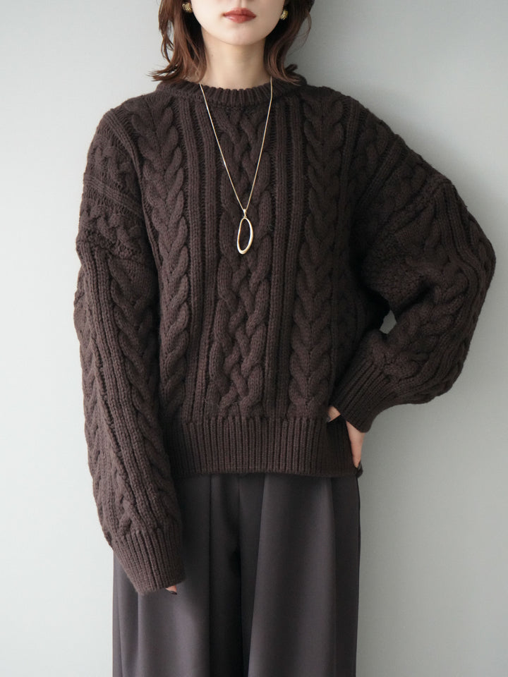 [予約]ボリュームケーブルニットプルオーバー/brown