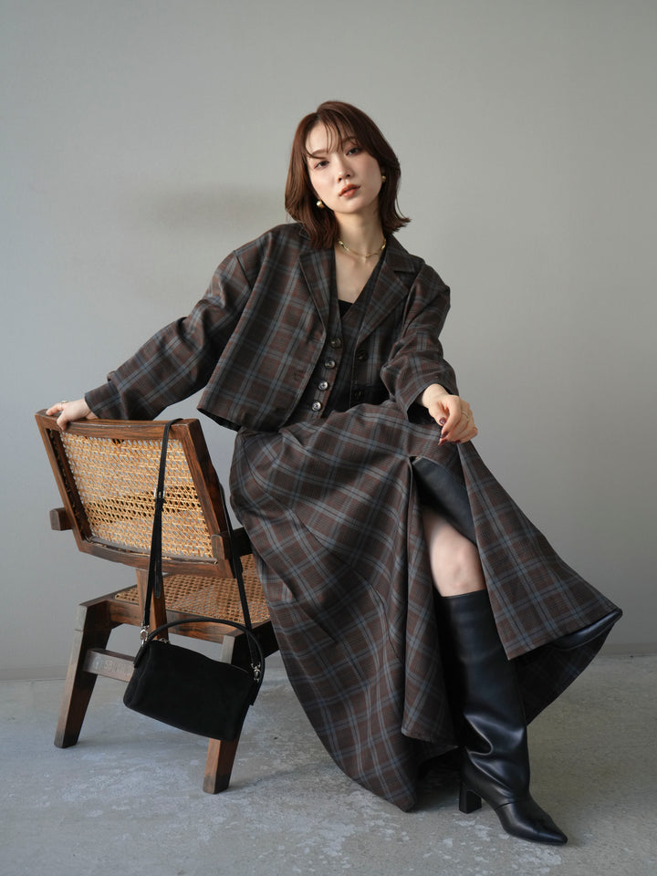[SET]チェック柄ショートジャケット+チェック柄ベスト+チェック柄タックフレアスカート(3set)