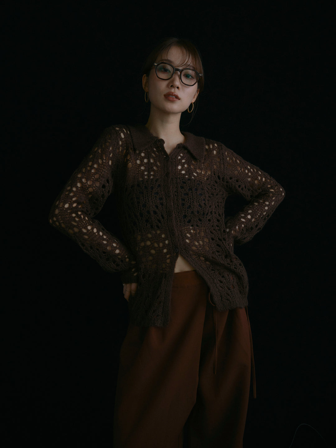 [予約]ローゲージ透かし編みポロニッカーディガン/ブラウン