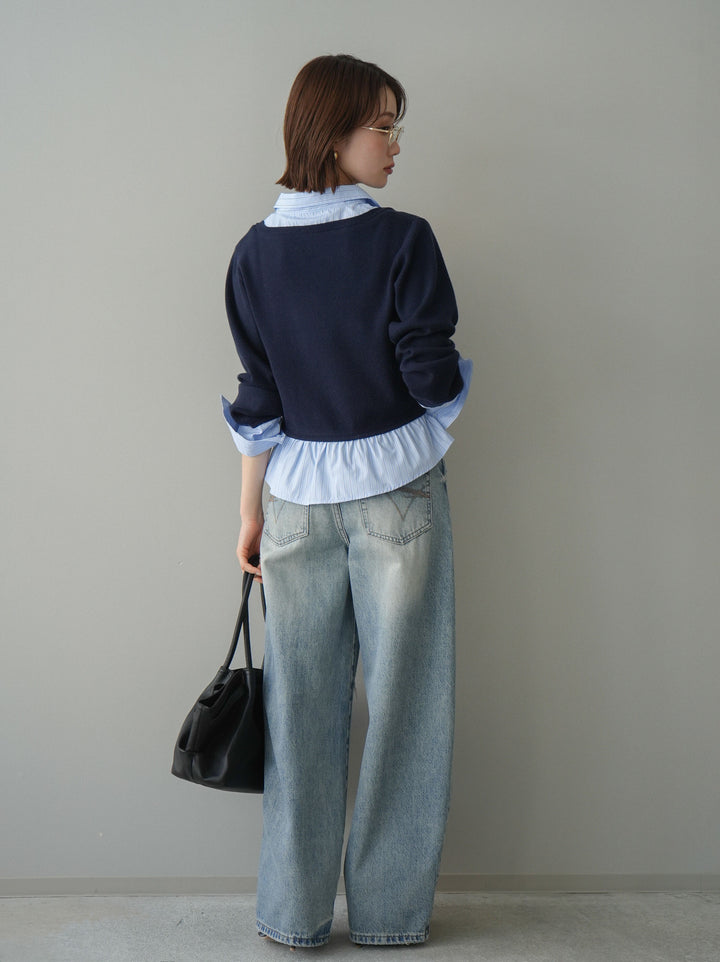 [SET]ストライプシャツUネックドッキングニットプルオーバー+ダメージデニムセミワイドパンツ(2set)