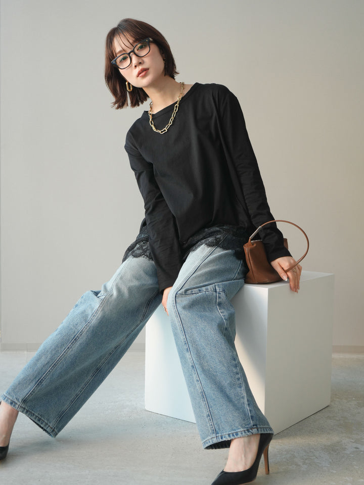[SET]裾レースロングスリーブTシャツ+選べるアクセセット(2set)