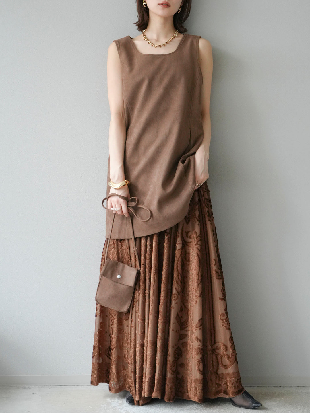 [予約]アンティーク柄フロッキーマキシスカート/ブラウン