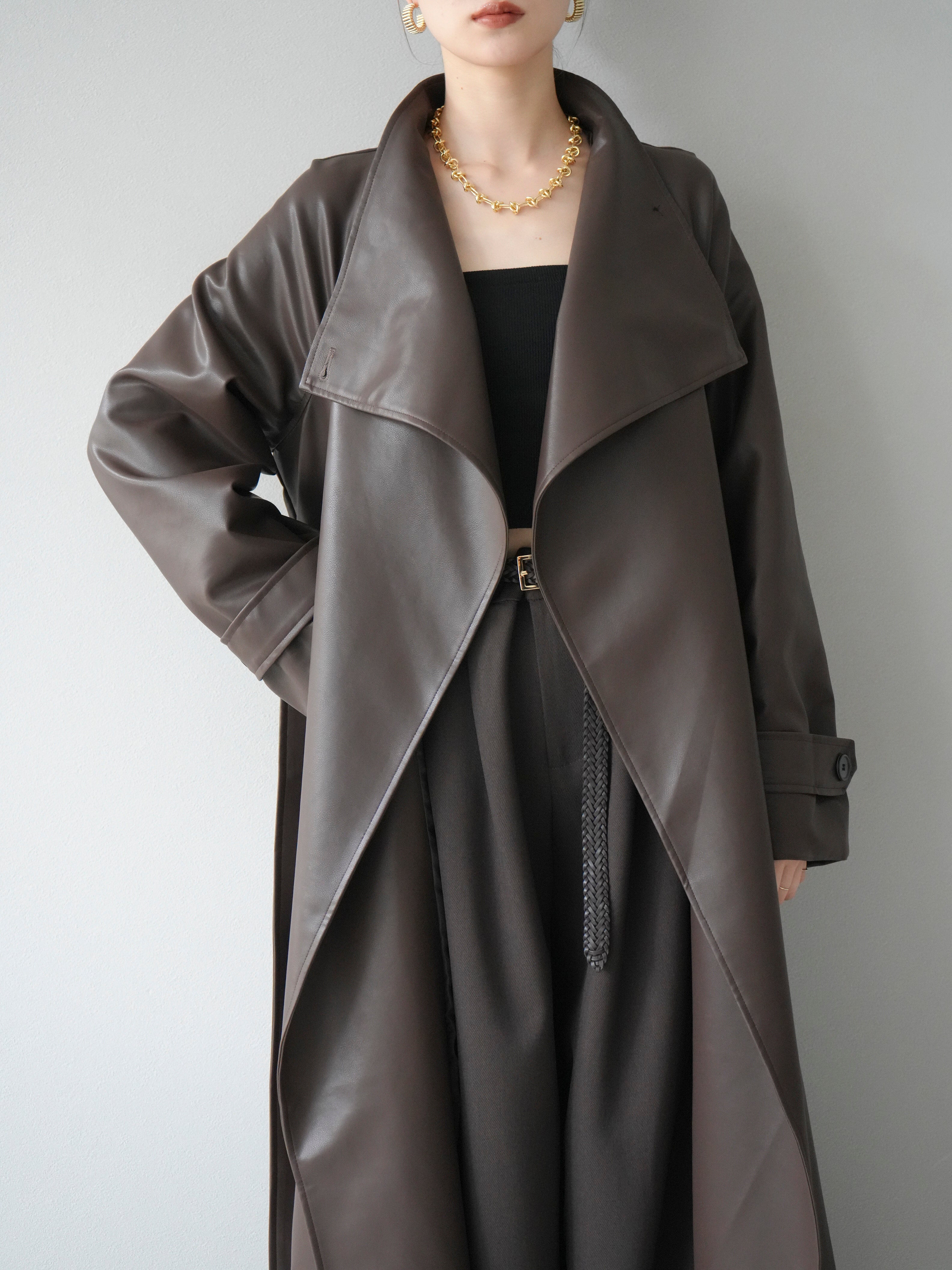 予約]BIGカラーレザーロングコート/ブラウン – Lumier