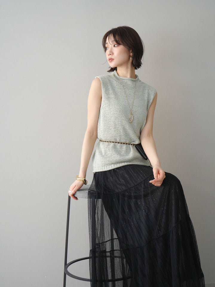 [予約]ノースリーブリネンタッチシアーニットプルオーバー/green