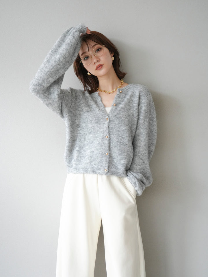 [SET]ゴールドボタンニットカーディガン+アウトシームカットオフスエットパンツ(2set)