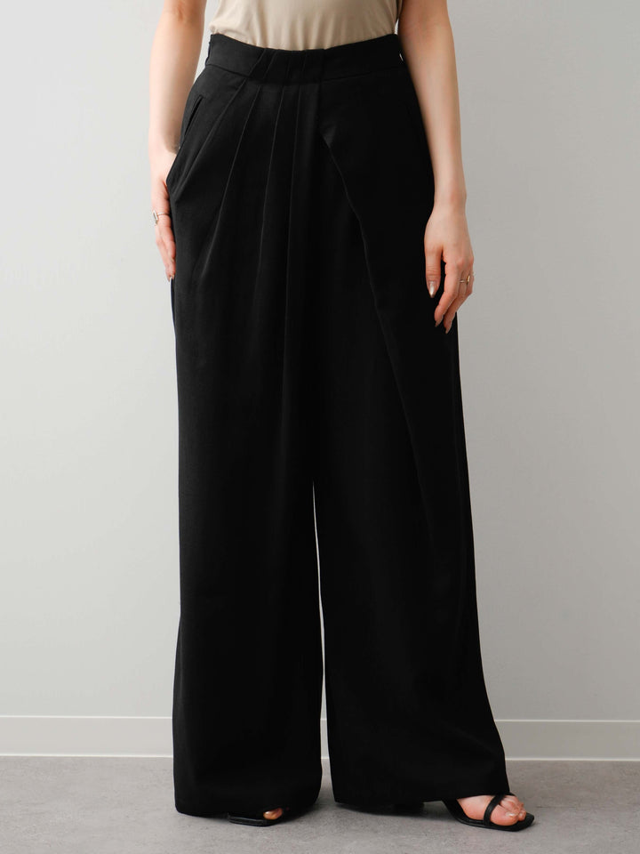 [予約]ウエストプリーツデザインワイドスラックス/black