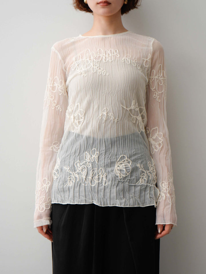 [予約]コード刺繍シアーロングスリーブトップス/ivory