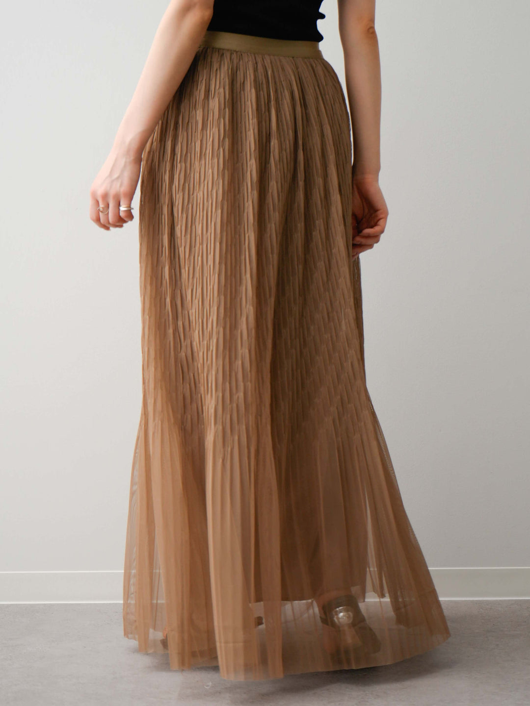 【預購】褶皺薄紗喇叭裙 / 米色