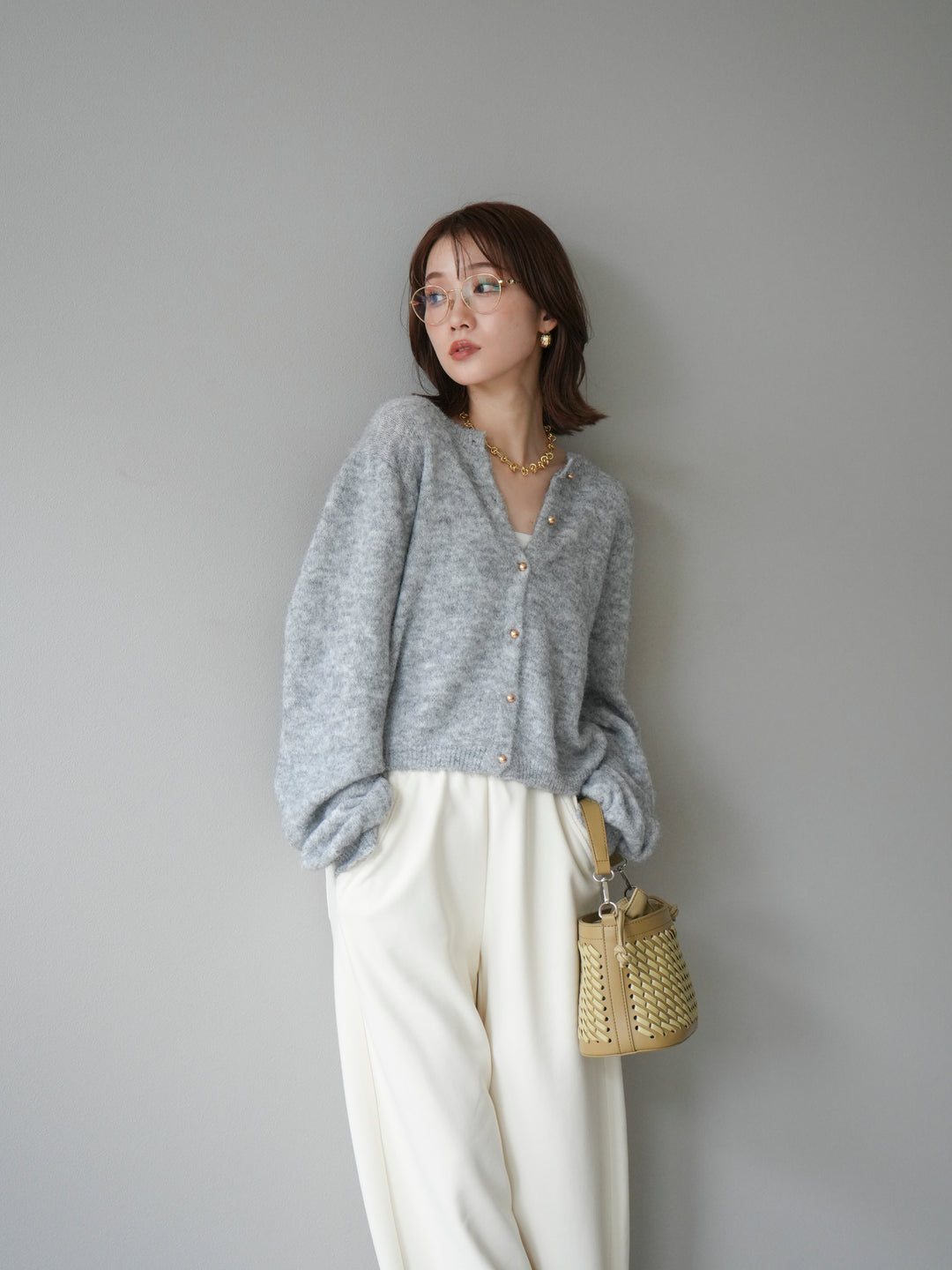 [予約]ゴールドボタンニットカーディガン/ gray