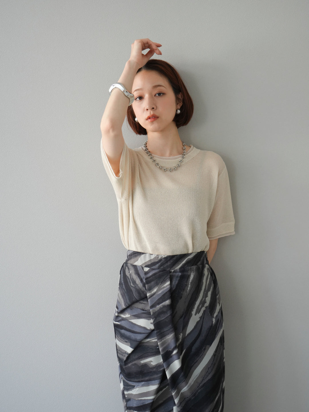 [SET]リネンタッチ配色二重臼ハーフニットトップス+選べるアソート柄スカートセット(2set)