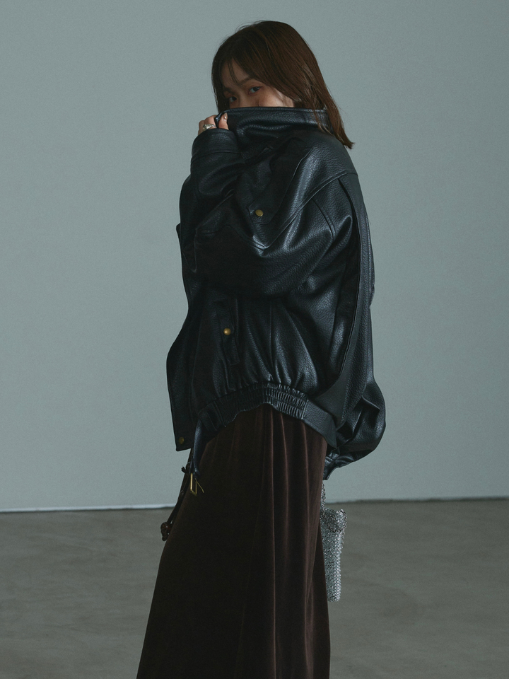 【Allure】[SET]スタンドカラーレザーブルゾン+ベロアナロースカート(2set)