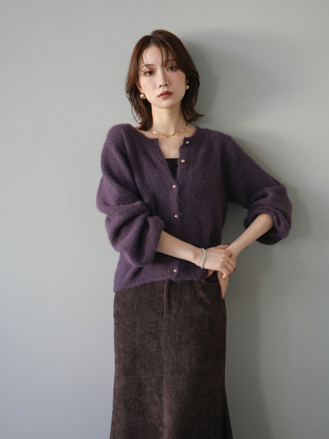 [予約]ゴールドボタンニットカーディガン/purple