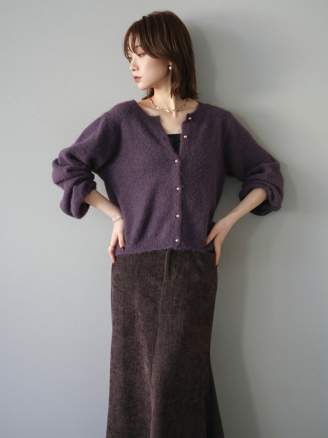 [予約]ゴールドボタンニットカーディガン/purple