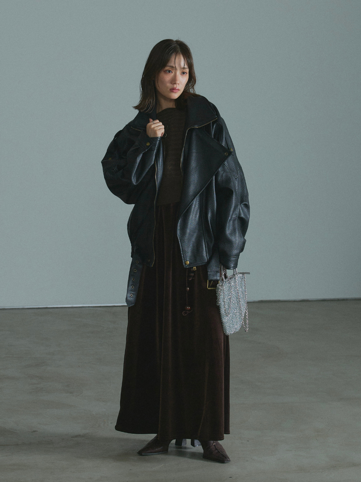 【Allure】[SET]スタンドカラーレザーブルゾン+ワンショルケーブル編みニット+ベロアナロースカート(3set)