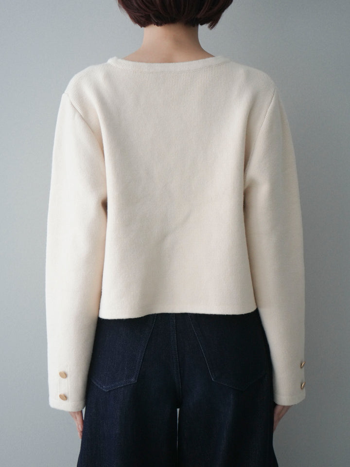 [予約]ゴールドボタンノーカラーニットジャケット/ivory
