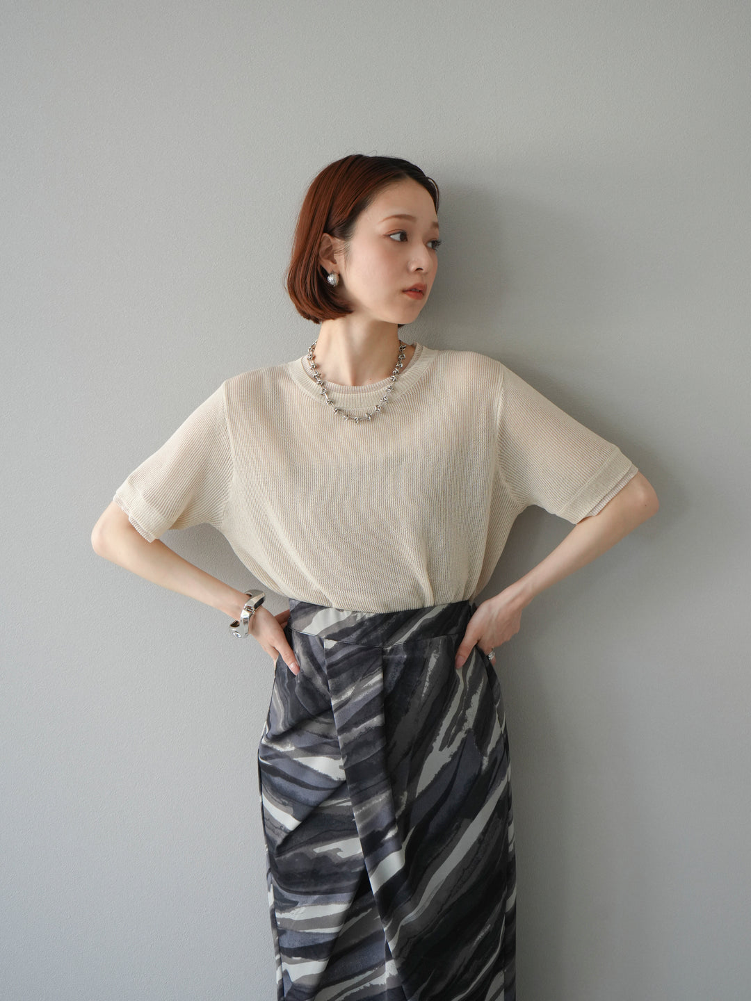 [SET]リネンタッチ配色二重臼ハーフニットトップス+選べるアソート柄スカートセット(2set)