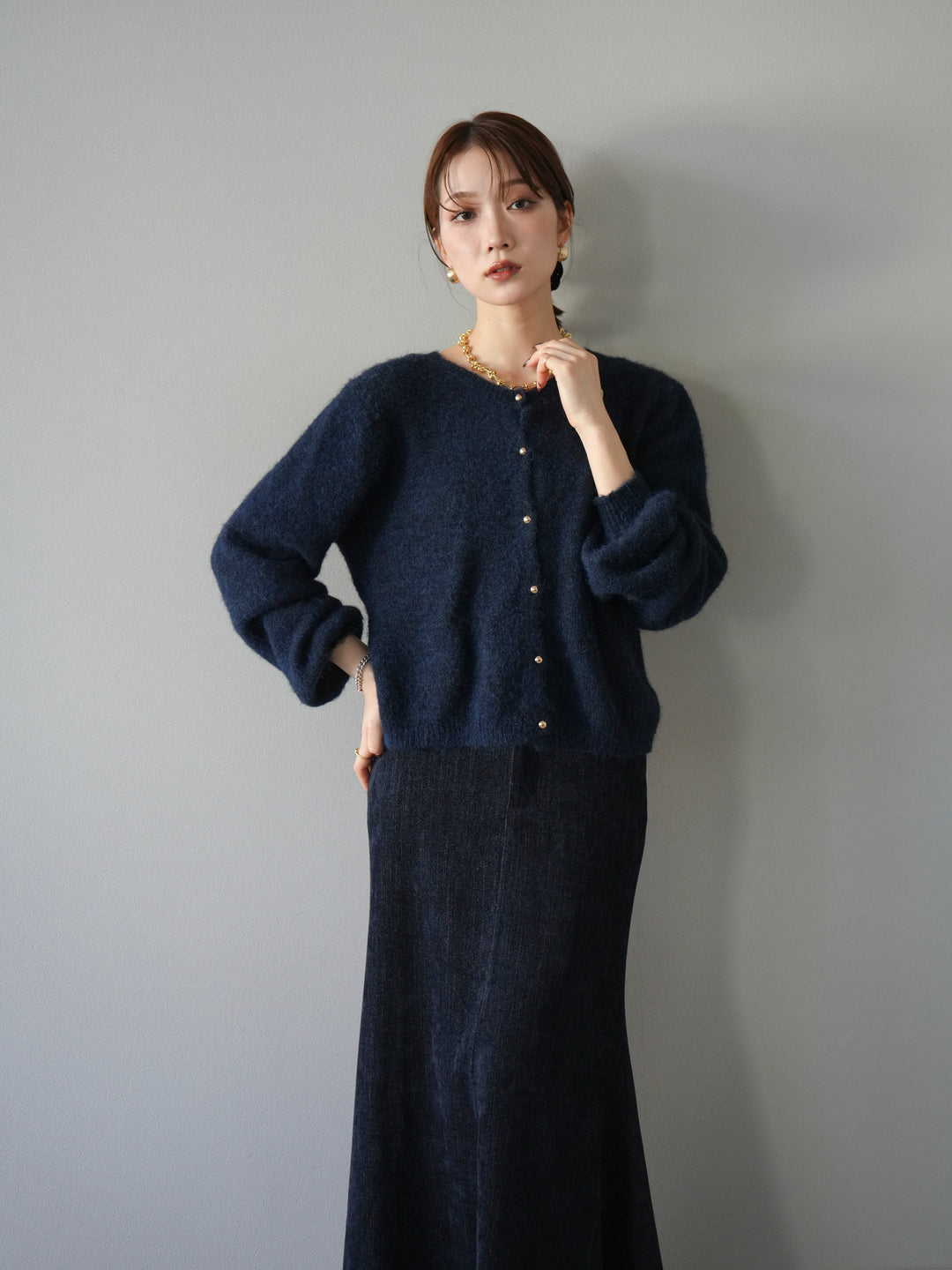 [予約]ゴールドボタンニットカーディガン/navy