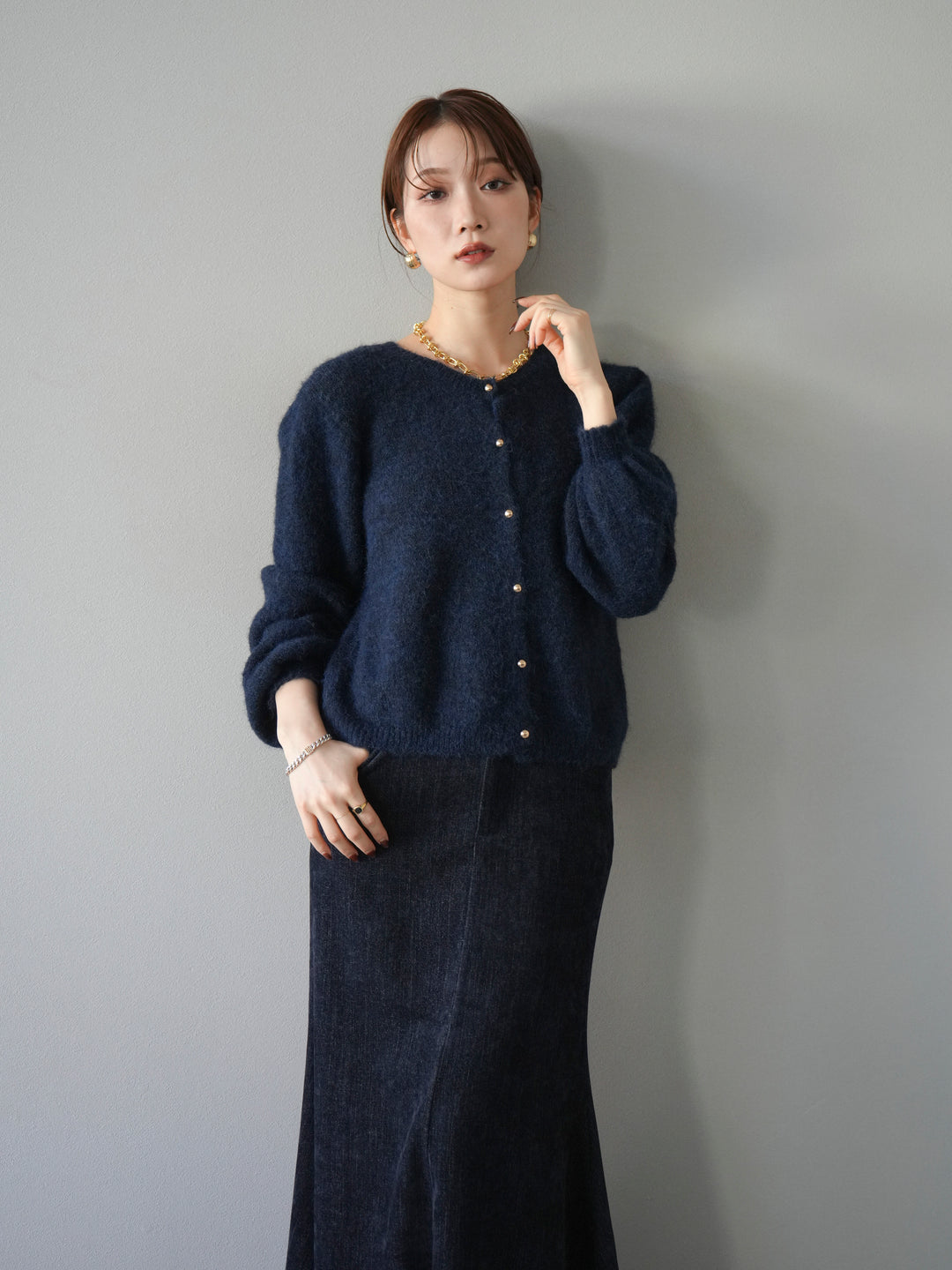 [予約]ゴールドボタンニットカーディガン/navy
