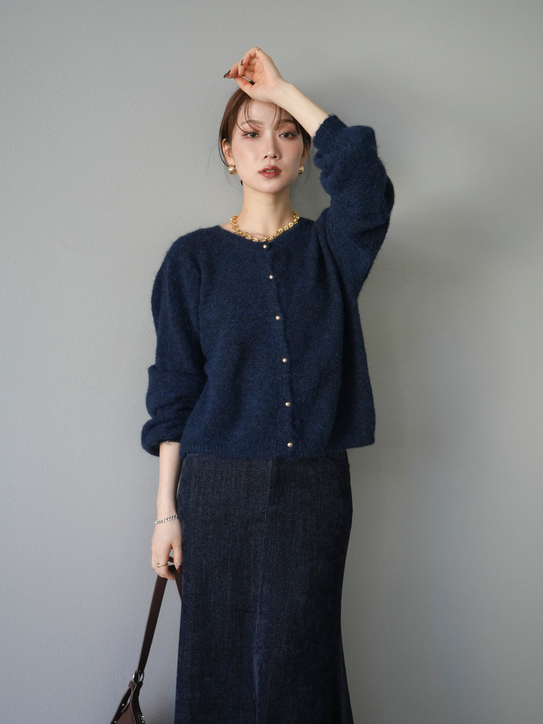 [予約]ゴールドボタンニットカーディガン/navy
