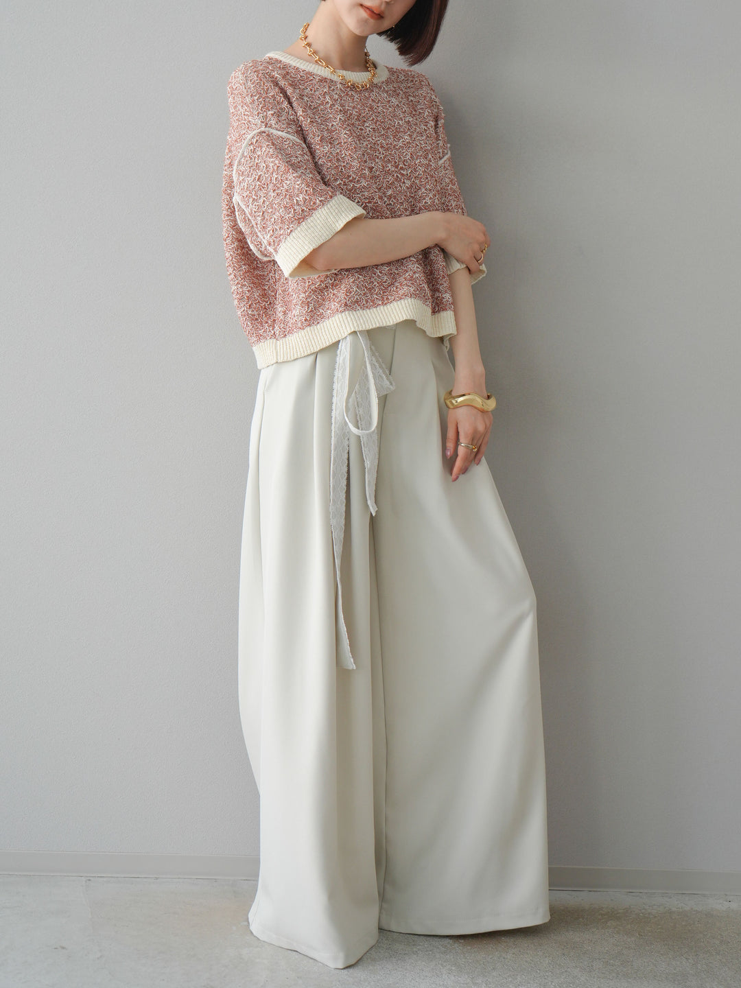 【預購】蕾絲腰帶設計寬褲/象牙白