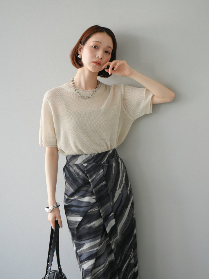 [SET]リネンタッチ配色二重臼ハーフニットトップス+選べるアソート柄スカートセット(2set)