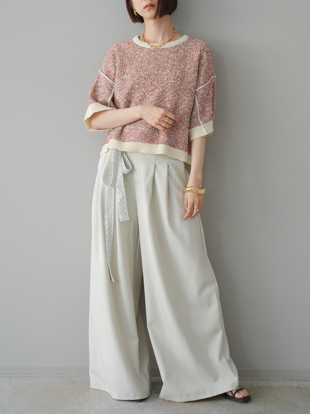 【預購】蕾絲腰帶設計寬褲/象牙白